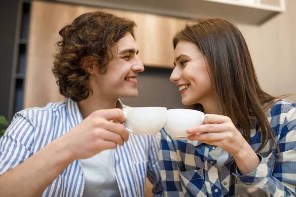 Coffe Time House Romantic Young Couple Drinking Coffee Home Kitchen — Stock Photo, Image