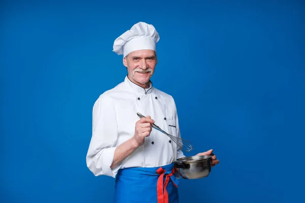 Кулінарія Професія Концепція Людей Щасливий Літній Шеф Кухар Тримає Металеву — стокове фото