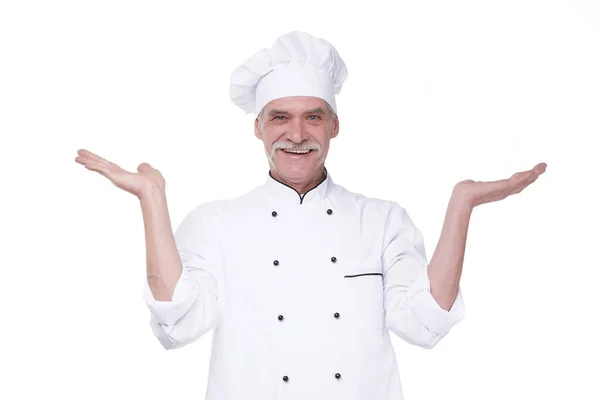 Старий Професійний Кухар Ізольований Білому Тлі Тримає Дві Руки Місце — стокове фото