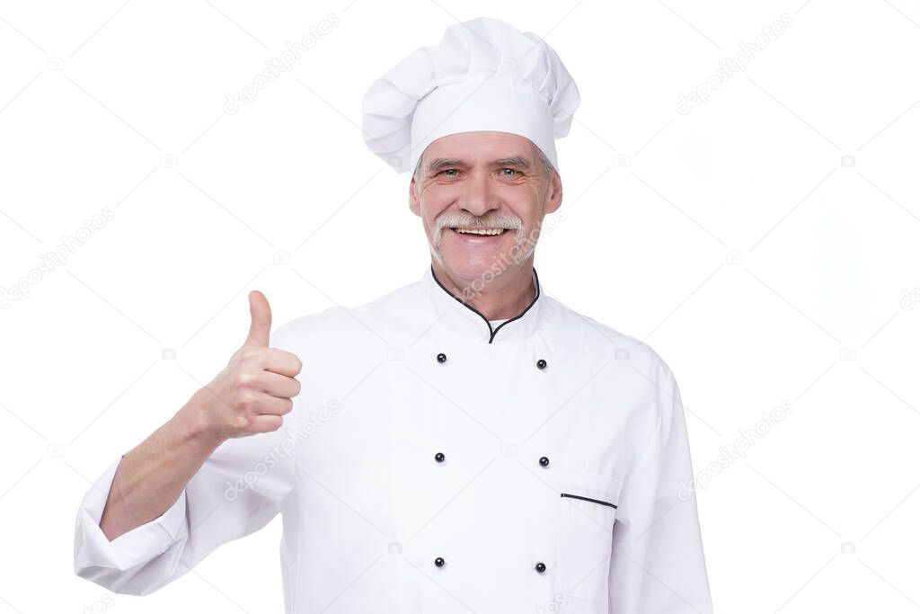 Successful eldery chef with hand gesture, portrait on white background isolated.