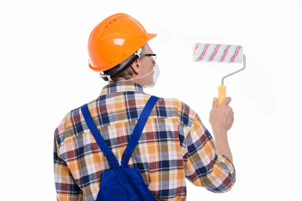 Foto Van Achterste Stukadoor Man Masker Aan Het Werk Met — Stockfoto