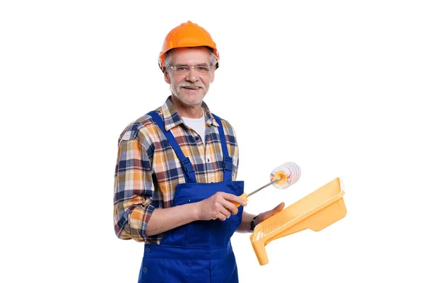 Retrato Construtor Masculino Sênior Que Vai Pintar Paredes Casa Segurando — Fotografia de Stock