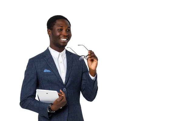 Smiling Young Successful African Man Business Clothes Looks Forward Holds — Stock Photo, Image