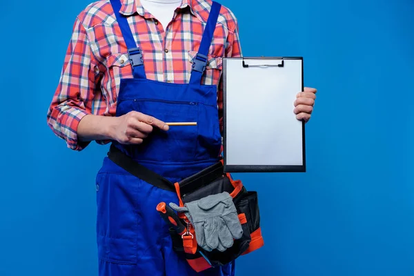 Cropped image, man architect and plumber with folder and pen on hands, ready for project, place for text.