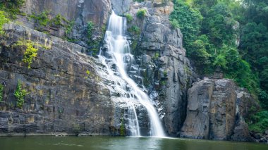 Vietnam 'daki inanılmaz Pongour şelalesi, tepesinde Buda' yla Da Lat. Seyahat konsepti, yağmur ormanlarına düşen kristal berrak su manzarası. Güzel doğa duvarcısı..