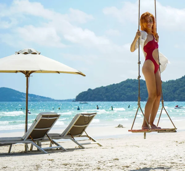 Playa Vacaciones Verano Palma Tropical Estilo Retrato Joven Hermosa Chica — Foto de Stock