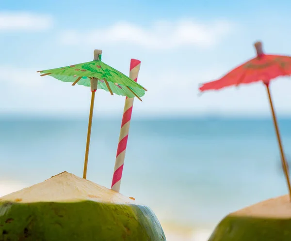 Dva Zelené Čerstvé Kokosy Tropické Pláži Cestovní Líbánky Koncept — Stock fotografie