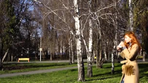 Chica Pelirroja Con Máscara Jeringa Debido Epidemia Caminando Por Parque — Vídeos de Stock