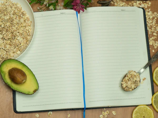 Mat Recept Anteckningsbok Med Grönsaker Och Frukt Rame Open Anteckningsbok — Stockfoto