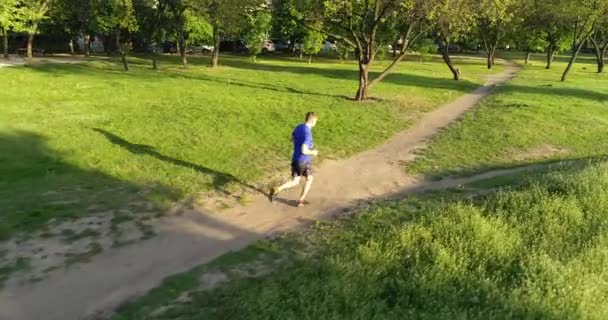 Vídeo Aéreo Del Hombre Caucásico Corriendo Soleado Parque Público Verde — Vídeos de Stock