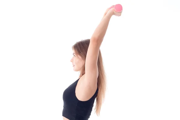 Fitness-Frau in schwarzem Sporttop mit den Kurzhanteln — Stockfoto