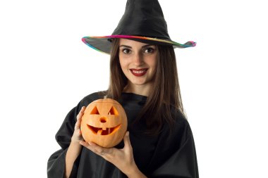 young brunette girl in halloween style clothes 