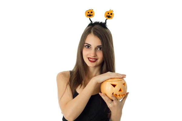 Cheerful beauty woman in halloween style clothes — Stock Photo, Image
