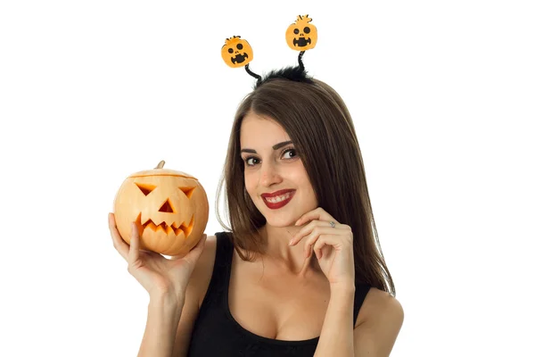 Cutie cheerful girl in halloween style clothes — Stock Photo, Image