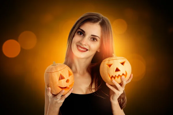 Young happy brunette woman in halloween style — Stock Photo, Image