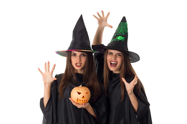 Young women with pumpkins in hands — Stock Photo, Image