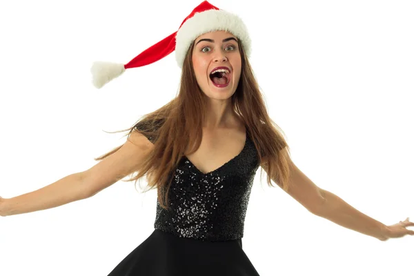 Ritratto di felice ragazza affascinante in cappello di Babbo Natale — Foto Stock