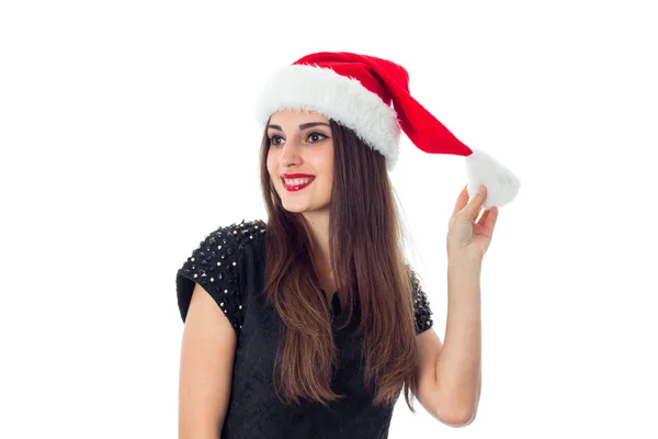 산타 모자에 아름다움 갈색 머리 소녀 — 스톡 사진