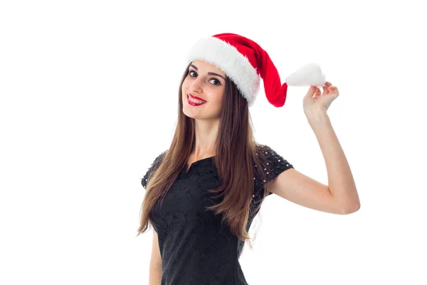 Beauty brunette girl in santa hat — Stock Photo, Image