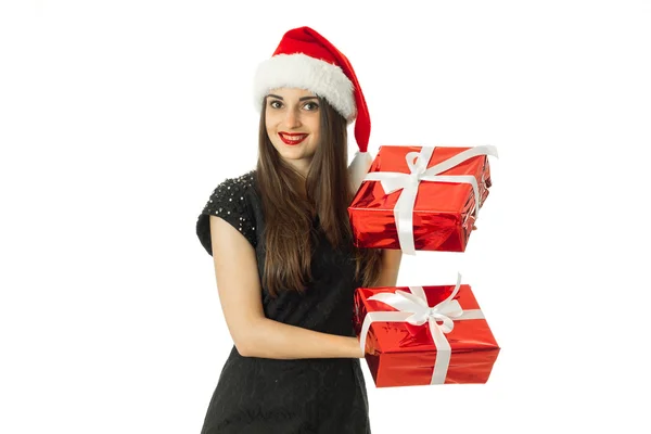 Moda mujer en santa hat sonriendo — Foto de Stock