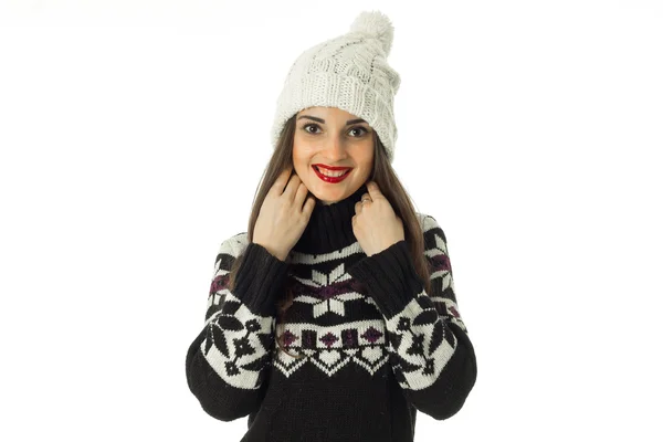 Adorable young girl in warm winter sweater — Stockfoto