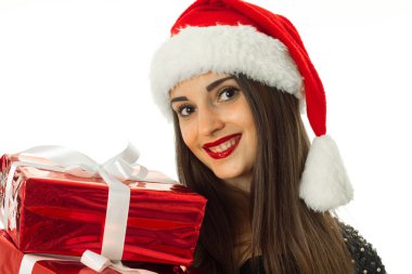 Noel Baba şapkası kırmızı hediye kutusu ile kız