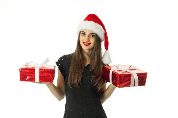 Linda mujer en santa hat sonriendo — Foto de Stock