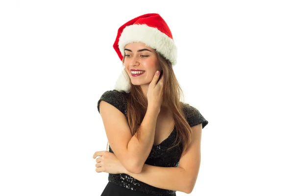 Encantadora chica feliz en sombrero de santa — Foto de Stock