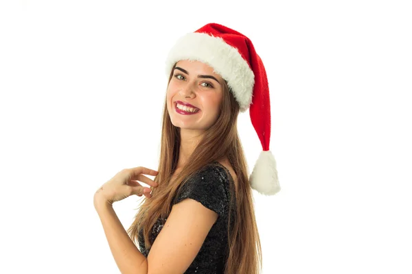 Retrato de alegre hermosa chica en sombrero de santa — Foto de Stock