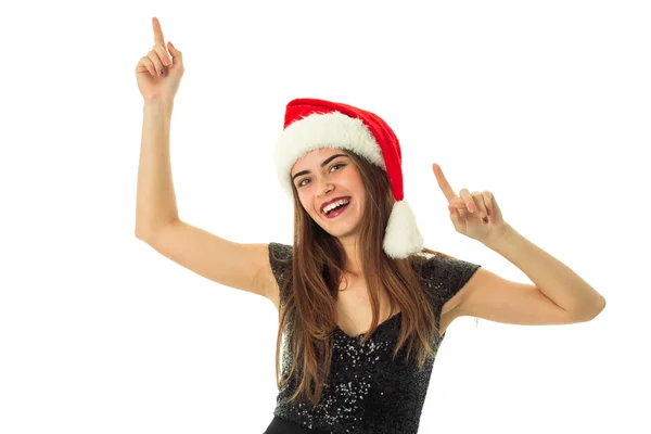 Retrato de alegre mujer encantadora en sombrero de santa — Foto de Stock