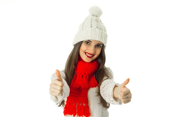 Brunette girl in warm sweater and red scarf — Stock Photo, Image