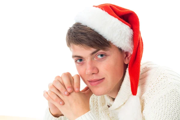 Cara de chapéu vermelho santa olhando para a câmera — Fotografia de Stock