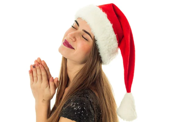 Santa kalap-boldog szép nő portréja — Stock Fotó
