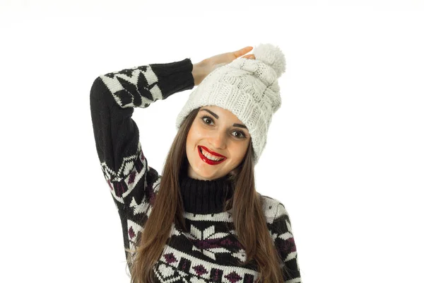 Cheerful girl in warm winter sweater — Stock Photo, Image