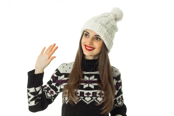 Boldog szép lány meleg téli pulóver — Stock Fotó