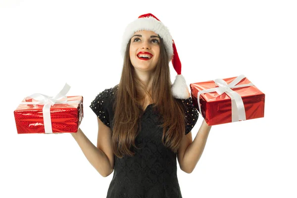 Stylish woman in santa hat smiling — Stock Photo, Image