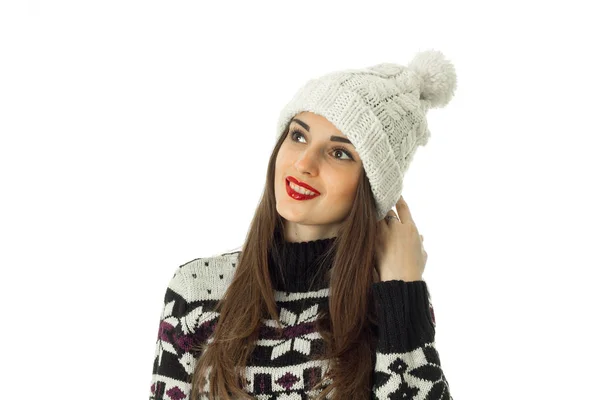 Boldog lány meleg téli pulóver — Stock Fotó