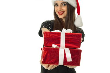 Noel Baba şapkası kırmızı hediye ile güzel kız