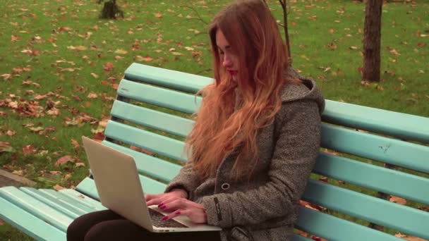 Menina trabalha com laptop ao ar livre — Vídeo de Stock