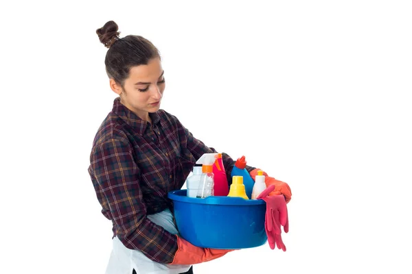 Jonge meid vrouw met reinigingsmiddelen — Stockfoto