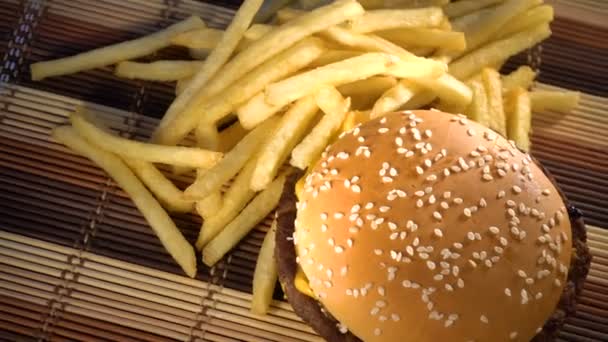 Great fresh Burger with fries — Stock Video