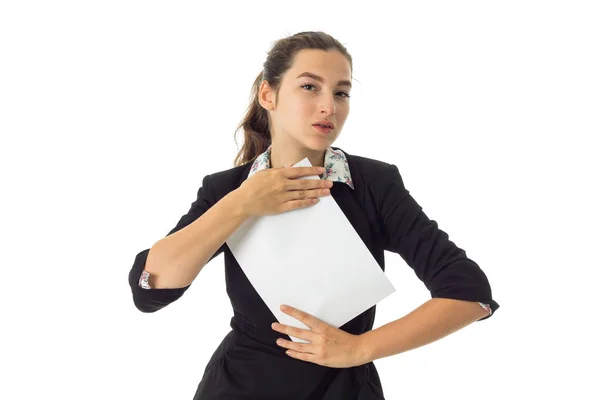 Mujer en uniforme con pancarta blanca en las manos —  Fotos de Stock