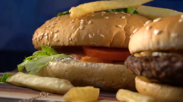 Potatis gratis faller på läckra hamburgare — Stockvideo
