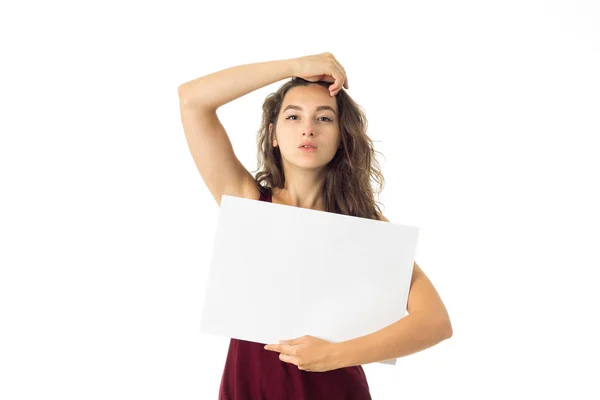 Girl in red dress with white placard — Stock Photo, Image