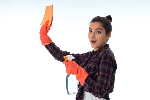 Jovem empregada com produtos de limpeza — Fotografia de Stock