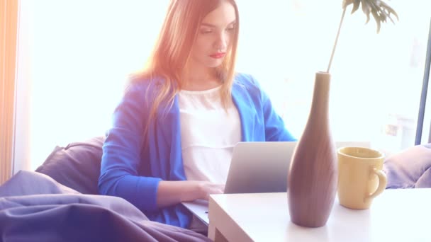 Affärskvinna som arbetar med laptop på soffa — Stockvideo