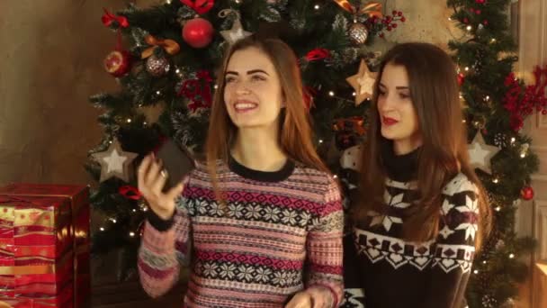 Две милые девушки сфотографированы на рождественскую елку — стоковое видео