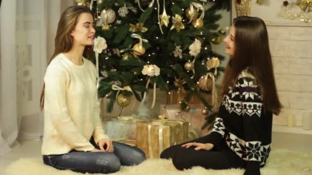 Två söta väninnor sitta nära en julgran — Stockvideo