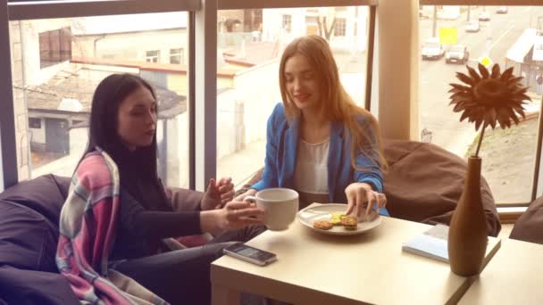 Dwie dziewczyny są rozmawiając i śmiejąc się w Cafe — Wideo stockowe