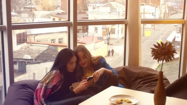 Two cute girlfriends sitting in chairs, look into the phone — Stock Video